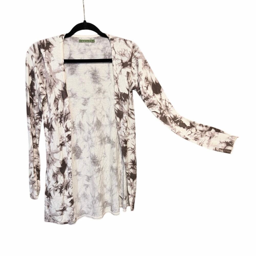 Velvet open front thin knit cardigan silk cashmere blend medium cream tiedye